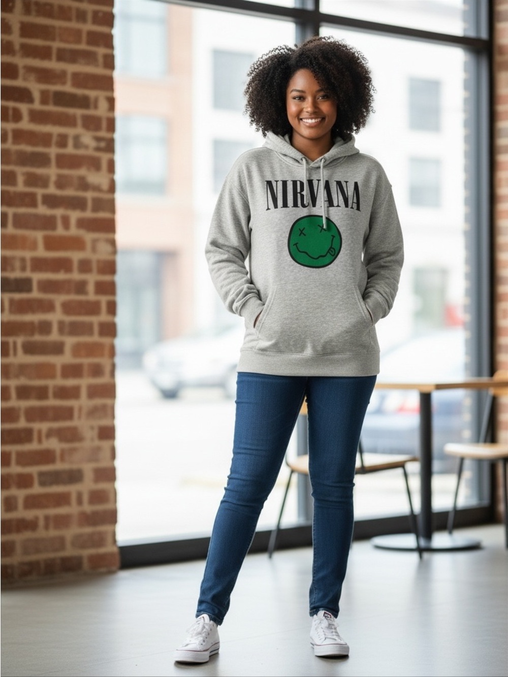 NIRVANA Gray Pullover Hoodie with Green Smiley Logo